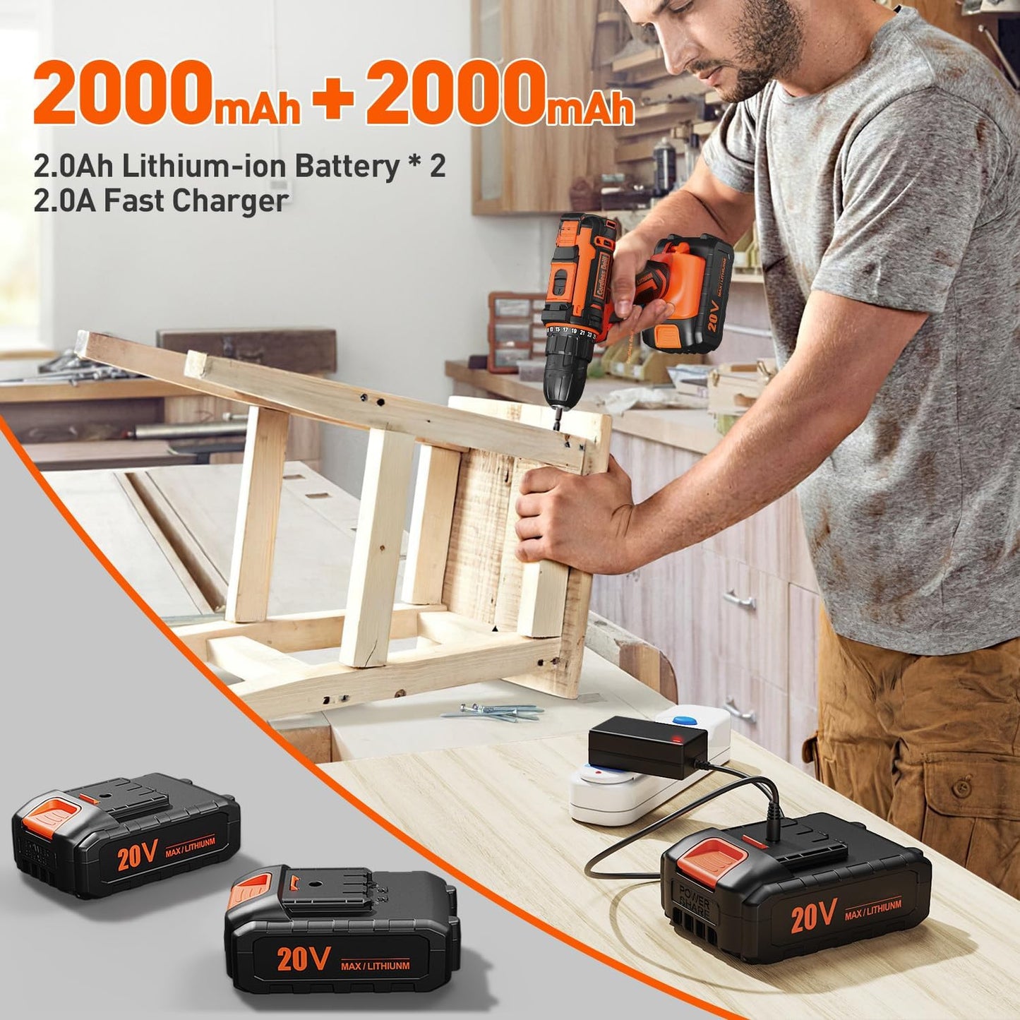 Cordless Drill Set , VIWKO 20V Power Drill Cordless with 2 Batteries and Charger, 3/8 Inch Chuck Electric Drill, 25+1 Torque Setting, 2 Speeds, 370 In-lb Torque, 42Pcs Drill Driver Bits/Screws for DIY -Type-JJFOUR-MGVZH20V/B0CNSM4RWL