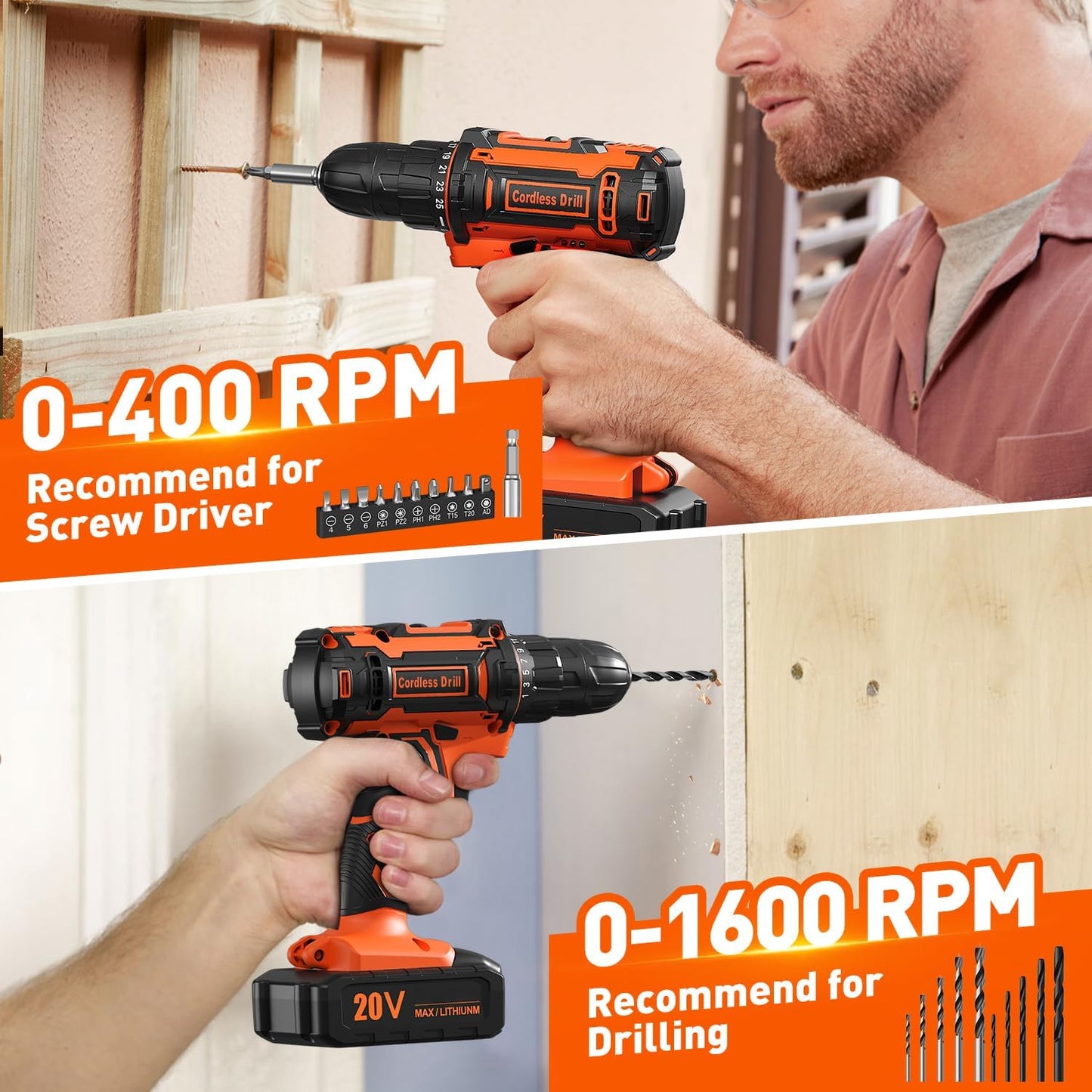 Cordless Drill Set , VIWKO 20V Power Drill Cordless with 2 Batteries and Charger, 3/8 Inch Chuck Electric Drill, 25+1 Torque Setting, 2 Speeds, 370 In-lb Torque, 42Pcs Drill Driver Bits/Screws for DIY -Type-JJFOUR-MGVZH20V/B0CNSM4RWL